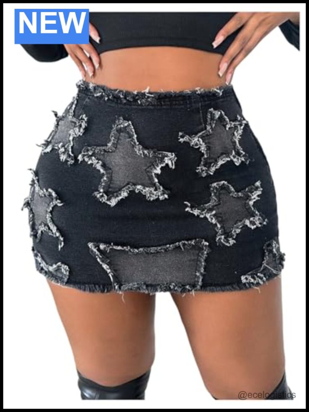 Plus Size High Rise Star Patch Distressed Bodycon Denim Mini Skirt